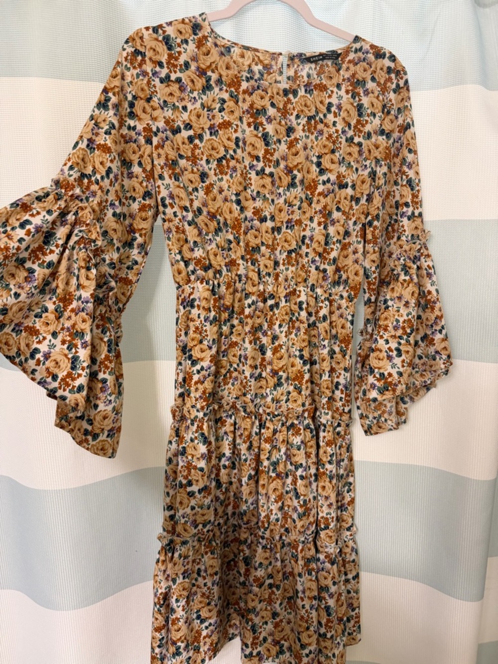 SHEIN Mustard Floral Tiered Midi Dress with Bell Sleeves